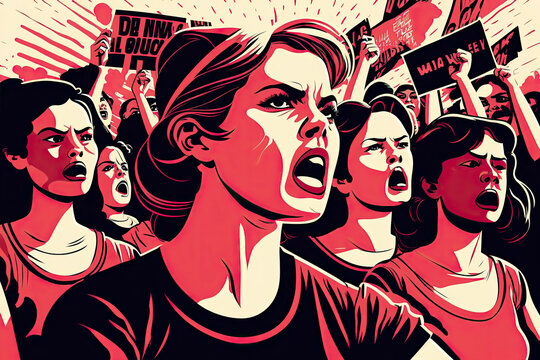 crowd of protesters protesting women at demonstration for women's rights and equality. Generative AI illustration