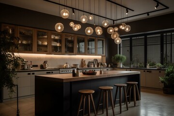 Fototapeta na wymiar LED-lit contemporary kitchen. Generative AI