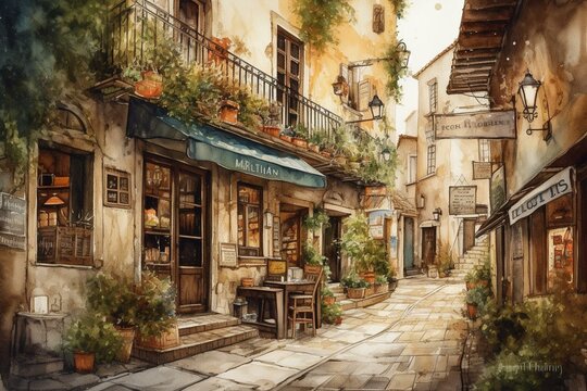 Watercolor depiction of a charming European old town street with houses, cafe, and shops. Suitable for printing, invitations, postcards, and labels. Generative AI