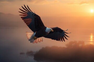 African Fish Eagle flying high above the clouds with sun