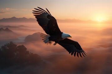 Fototapeta premium African Fish Eagle flying high above the clouds with sun