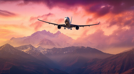 Fototapeta na wymiar passenger plane flies over mountains on a beautiful sunset. Generative AI