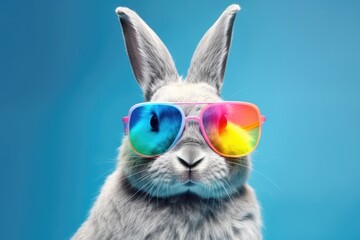 Fototapeta premium Cool bunny with sunglasses on colorful background