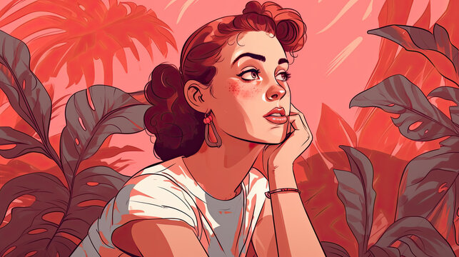 illustration of a pretty young woman from the 50s. Generative AI