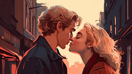 illustration of a young couple about to kiss. Generative AI