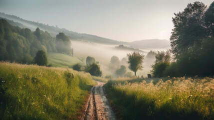 Fototapeta na wymiar a dirt road in the morning with fog. Generative AI