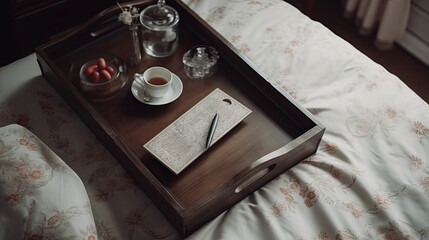 Fototapeta na wymiar a vintage tray with a smartphone and a cup of coffee on the bed. Generative AI