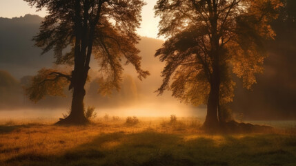 Fototapeta na wymiar trees in autumn with fog. Generative AI
