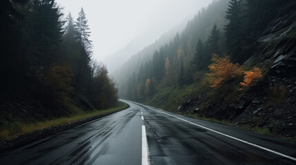 a wet road in the mountains in autumn. Generative AI