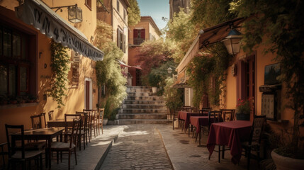 Fototapeta na wymiar a charming street with cafes in the old town. Generative AI