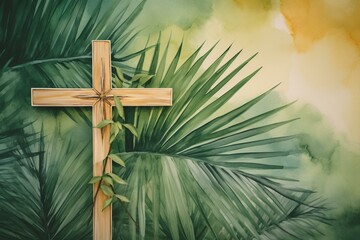 Fototapeta na wymiar Watercolor background featuring a cross and palm for Palm Sunday. Generative AI