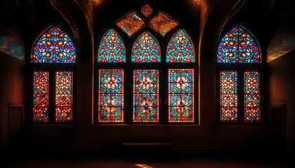 Multi colored stained glass illuminates ancient cathedral spirituality generated by AI