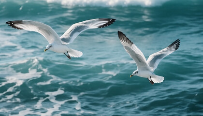 Fototapeta premium Seagull gliding above tranquil sea, taking off generated by AI