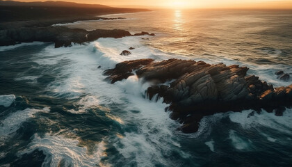 Obraz premium Majestic cliff reflects tranquil sunset over water generated by AI