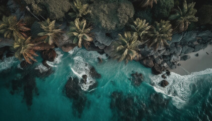 Tropical paradise palm trees, coral, and surf generated by AI