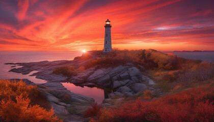 Tranquil sunset over famous rocky coastline beacon generated by AI