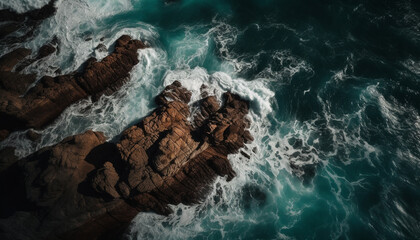 Obraz premium Breaking waves crash against rocky coastline beauty generated by AI
