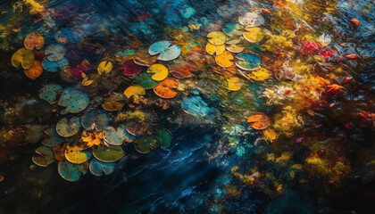 Vibrant colors of autumn leaves reflect in water generated by AI