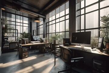 Fototapeta na wymiar Contemporary office with PCs, large windows & empty frame. Generative AI