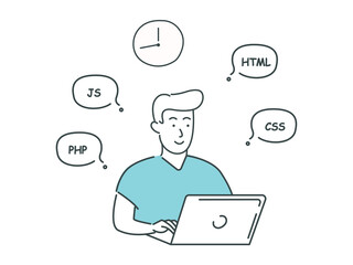 Illustration of a programmer working, web developer, man working with laptop, coding people