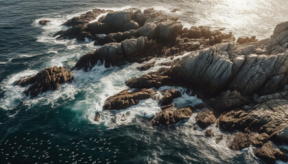 Obraz premium Breaking waves crash against rocky coastline, idyllic beauty generated by AI