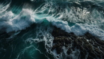 Fototapeta na wymiar Breaking waves crash on rocky coastline, awe inspiring sunset generated by AI