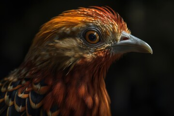 A close-up of a female Golden Pheasant's head, showing its more subdued coloring and distinctive markings.