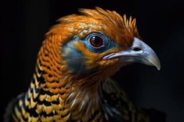 A close-up of a female Golden Pheasant's head, showing its more subdued coloring and distinctive markings.