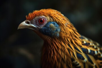 A close-up of a female Golden Pheasant's head, showing its more subdued coloring and distinctive markings.