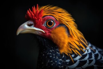 A close-up of a female Golden Pheasant's head, showing its more subdued coloring and distinctive markings.