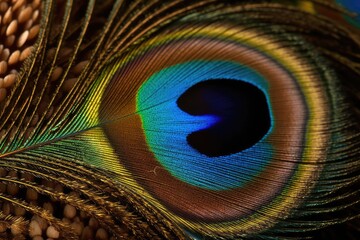 Fototapeta premium A close-up of a peacock's eye, showing the intricate patterns and colors of its feathers.