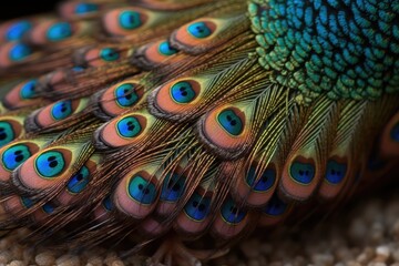 A close-up of a peacock's feet and talons, with its iridescent coloring visible.