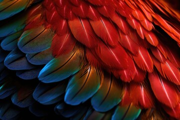 Obraz premium A close-up of a Scarlet Macaw's feathers, showing the intricate patterns and colors of the plumage.