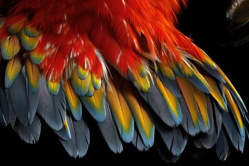 Fototapeta premium A close-up of a Scarlet Macaw's feathers, showing the intricate patterns and colors of the plumage.