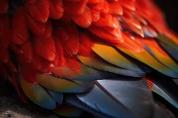 Obraz premium A close-up of a Scarlet Macaw's feathers, showing the intricate patterns and colors of the plumage.