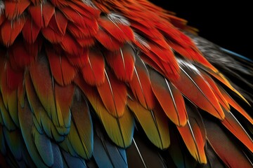 Obraz premium A close-up of a Scarlet Macaw's feathers, showing the intricate patterns and colors of the plumage.