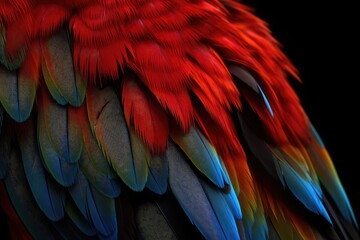 Obraz premium A close-up of a Scarlet Macaw's feathers, showing the intricate patterns and colors of the plumage.