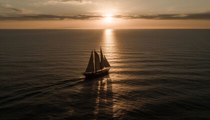 Sailing ship on tranquil sunset water horizon generated by AI