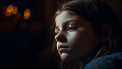 Smiling girl looking up at illuminated window generative AI