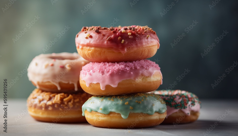 Poster stack of homemade donuts with colorful icing generative ai