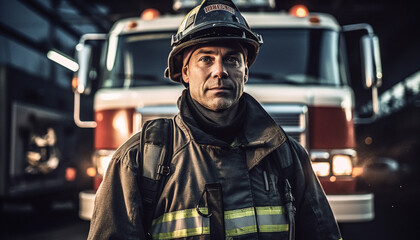 Confident firefighter standing by fire engine outdoors generative AI