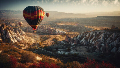 Flying hot air balloon over mountain landscape generated by AI