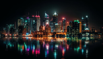 Fototapeta na wymiar Illuminated city skyline reflects on waterfront at dusk generated by AI