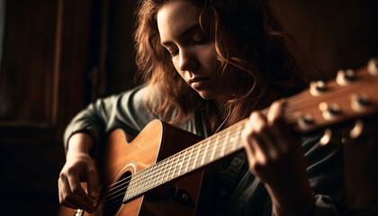 Fototapeta premium Young woman playing acoustic guitar with concentration generated by AI
