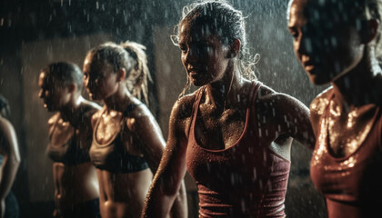 Muscular men and women celebrate wet gym fun generated by AI - obrazy, fototapety, plakaty