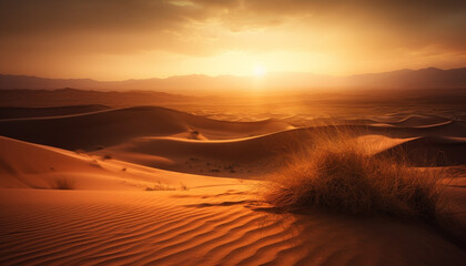 Rippled sand dunes in arid Africa at sunset generative AI