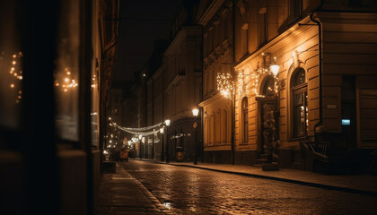 Fototapeta na wymiar Bright city lights illuminate old architecture at dusk generated by AI