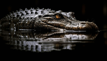 Fototapeta premium Crocodile resting in swamp, danger lurking nearby generative AI
