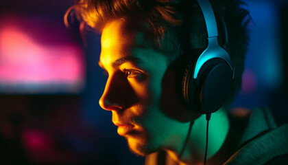 Young adult enjoying music with headphones on generative AI