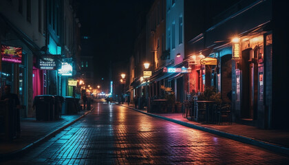 Fototapeta na wymiar Electric nightlife illuminates modern city streets at dusk generated by AI